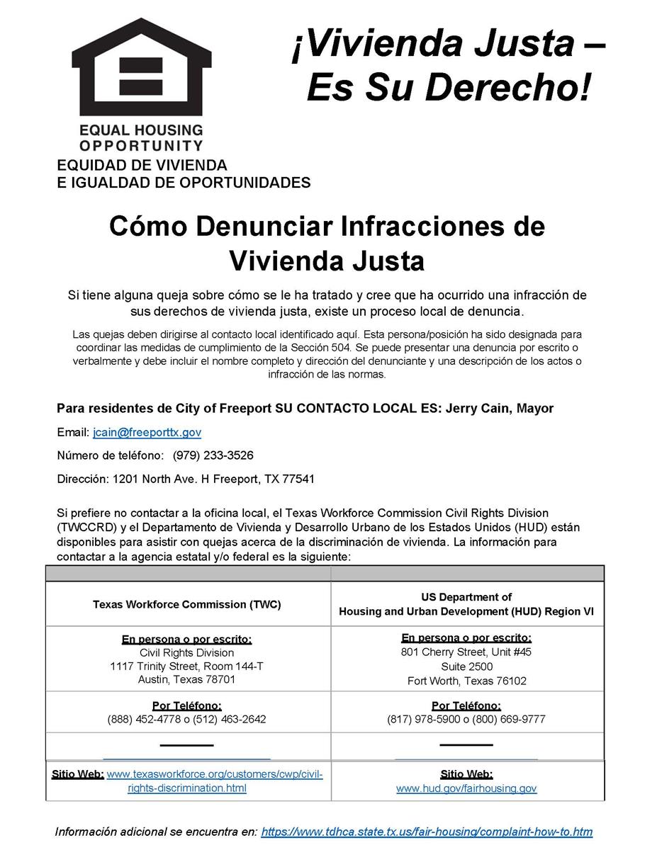 FH Complaints Poster SP Freeport in Spanish